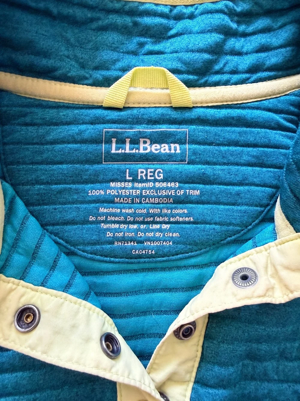 L.L.Bean Women’s Large Teal Ribbed Fleece Snap Pullover Yellow Trim Outdoors